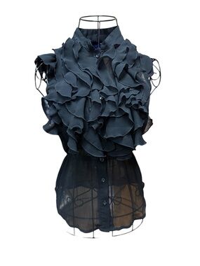Miley Cyrus Max Azria Elegant Black Ruffle Sheer Button-Up Top